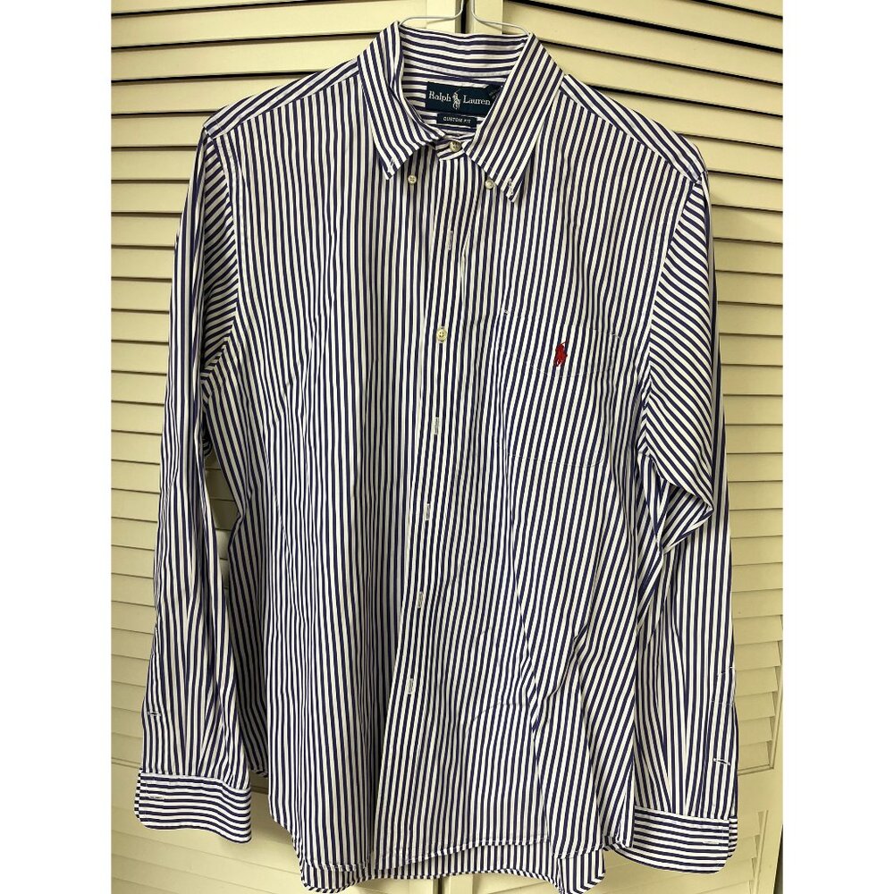 Ralph Lauren Custom Fit Dress Shirt 16 1/2 Striped L Blue White